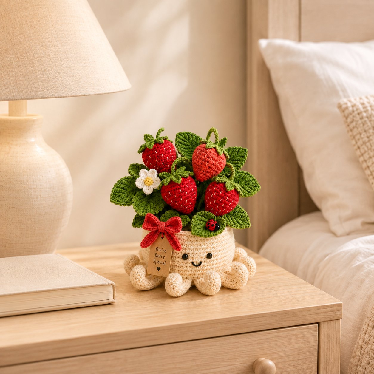 Crochet Strawberry Plant & Ladybug in Smiling Octopus Pot