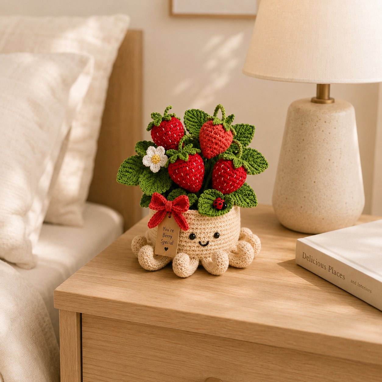 Crochet Strawberry Plant & Ladybug in Smiling Octopus Pot