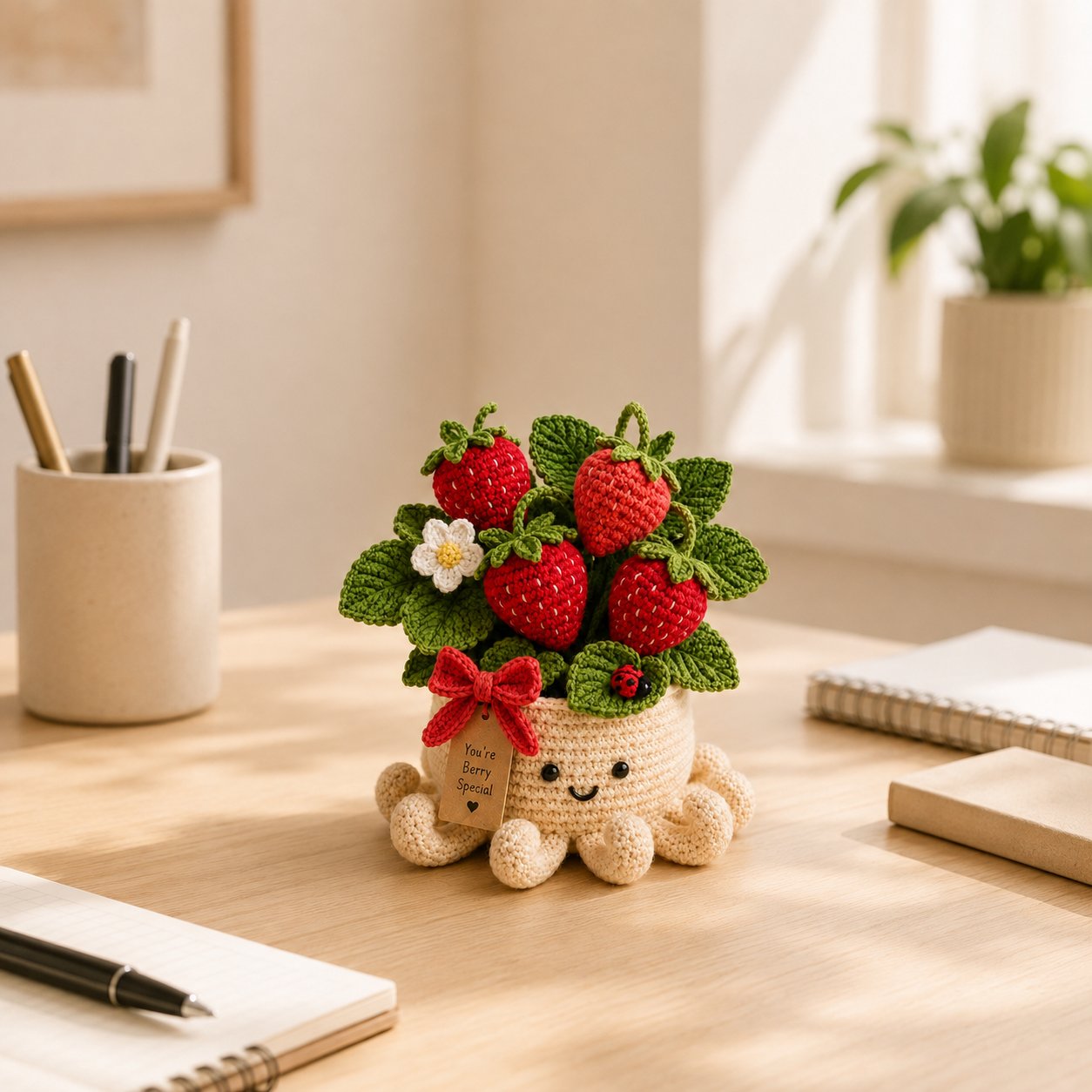 Crochet Strawberry Plant & Ladybug in Smiling Octopus Pot