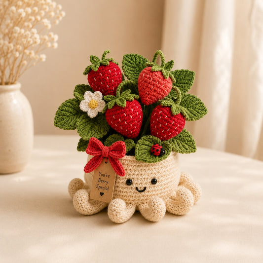 Crochet Strawberry Plant & Ladybug in Smiling Octopus Pot