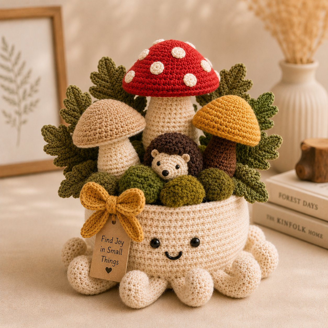 Crochet Mushroom Forest & Hedgehog Garden in Smiling Octopus Pot