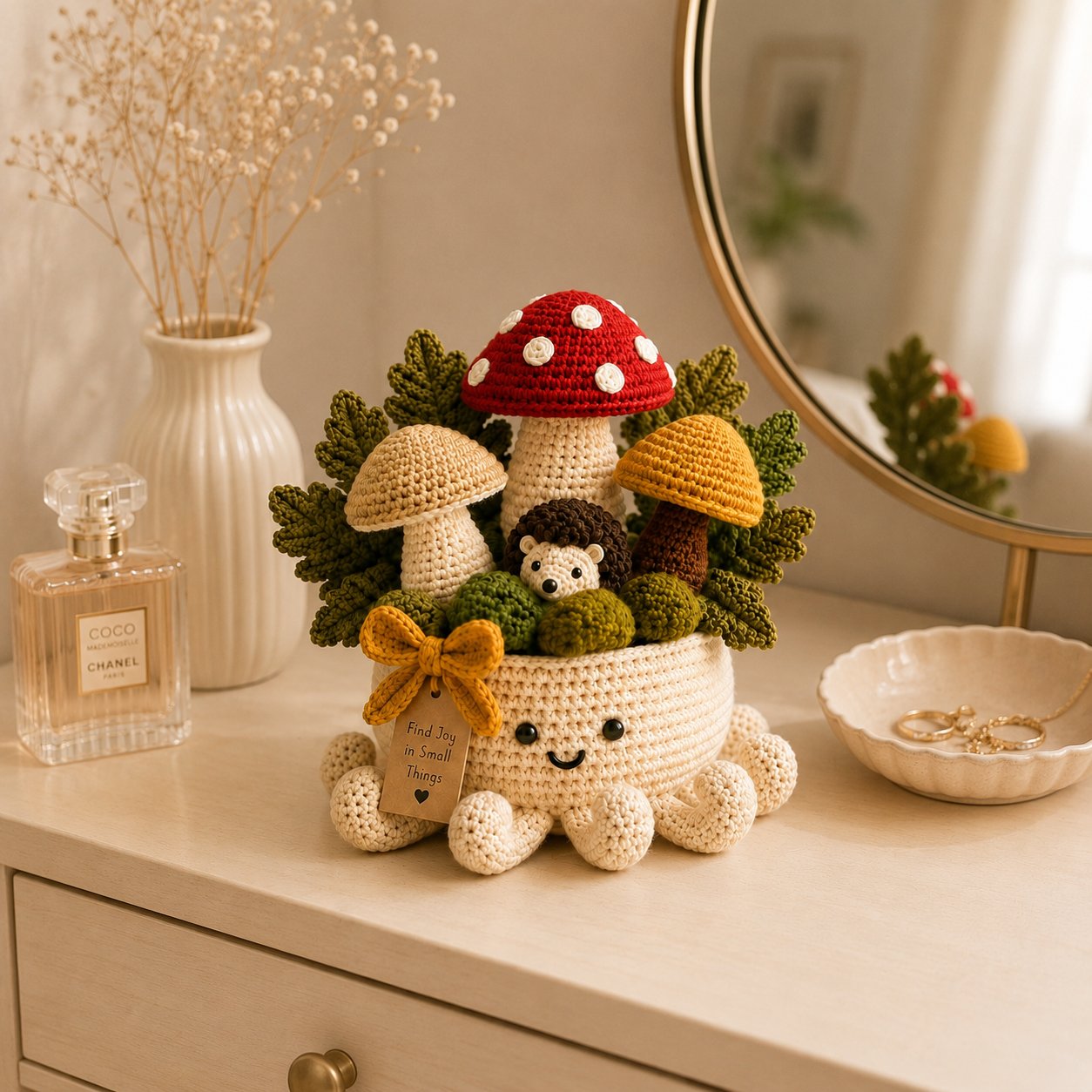 Crochet Mushroom Forest & Hedgehog Garden in Smiling Octopus Pot