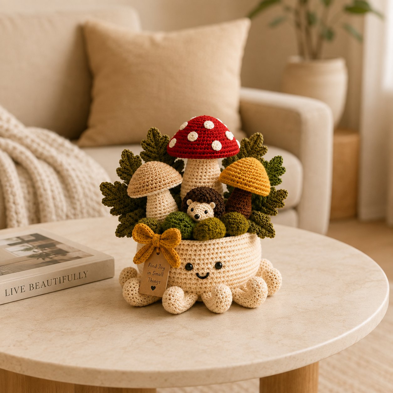 Crochet Mushroom Forest & Hedgehog Garden in Smiling Octopus Pot