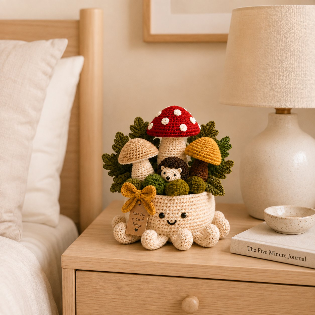 Crochet Mushroom Forest & Hedgehog Garden in Smiling Octopus Pot