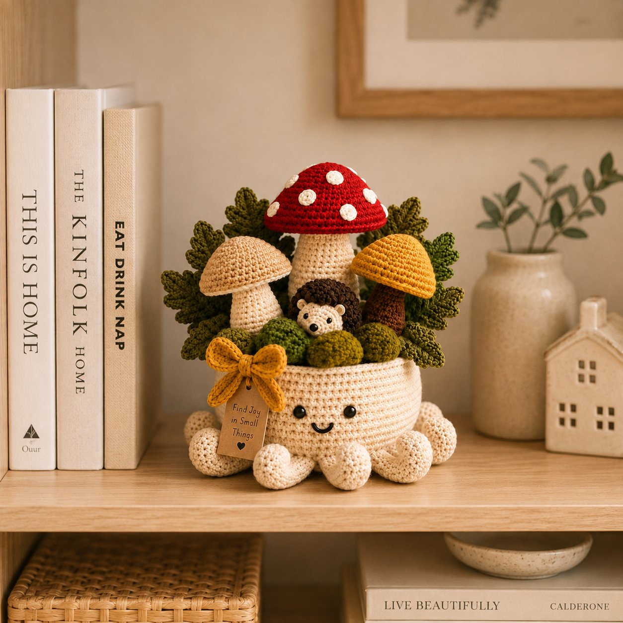Crochet Mushroom Forest & Hedgehog Garden in Smiling Octopus Pot