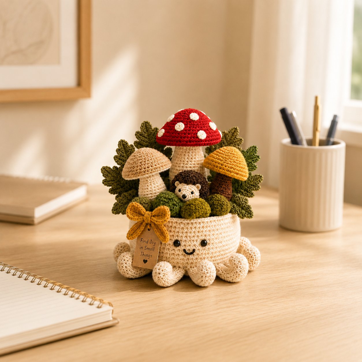 Crochet Mushroom Forest & Hedgehog Garden in Smiling Octopus Pot
