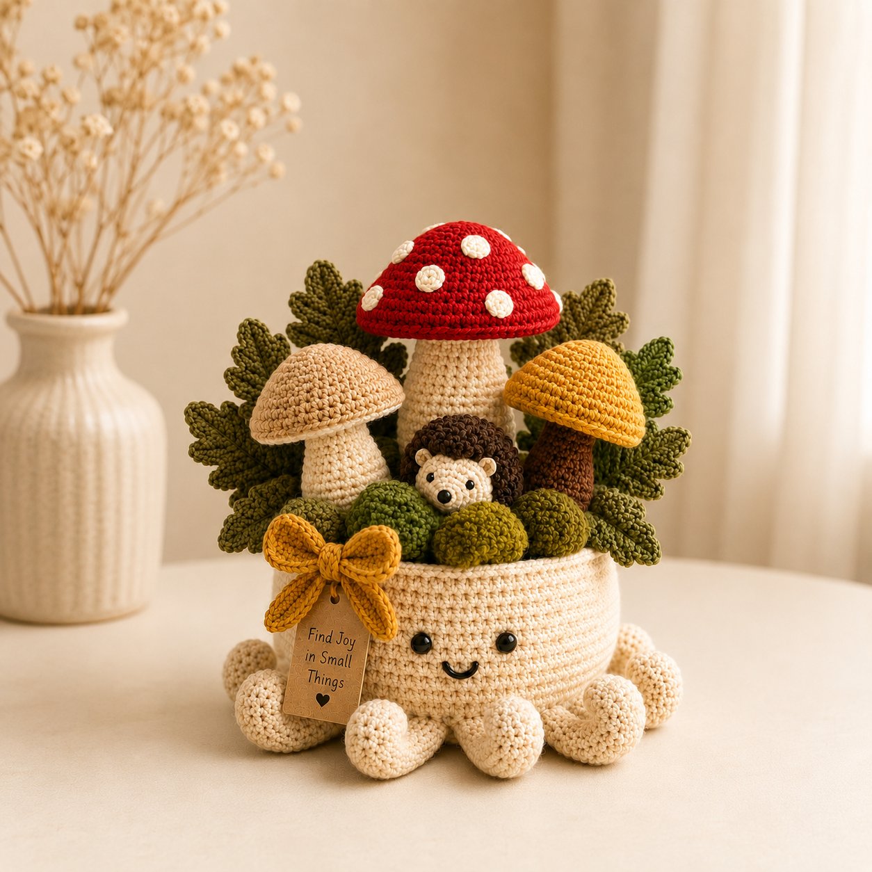 Crochet Mushroom Forest & Hedgehog Garden in Smiling Octopus Pot