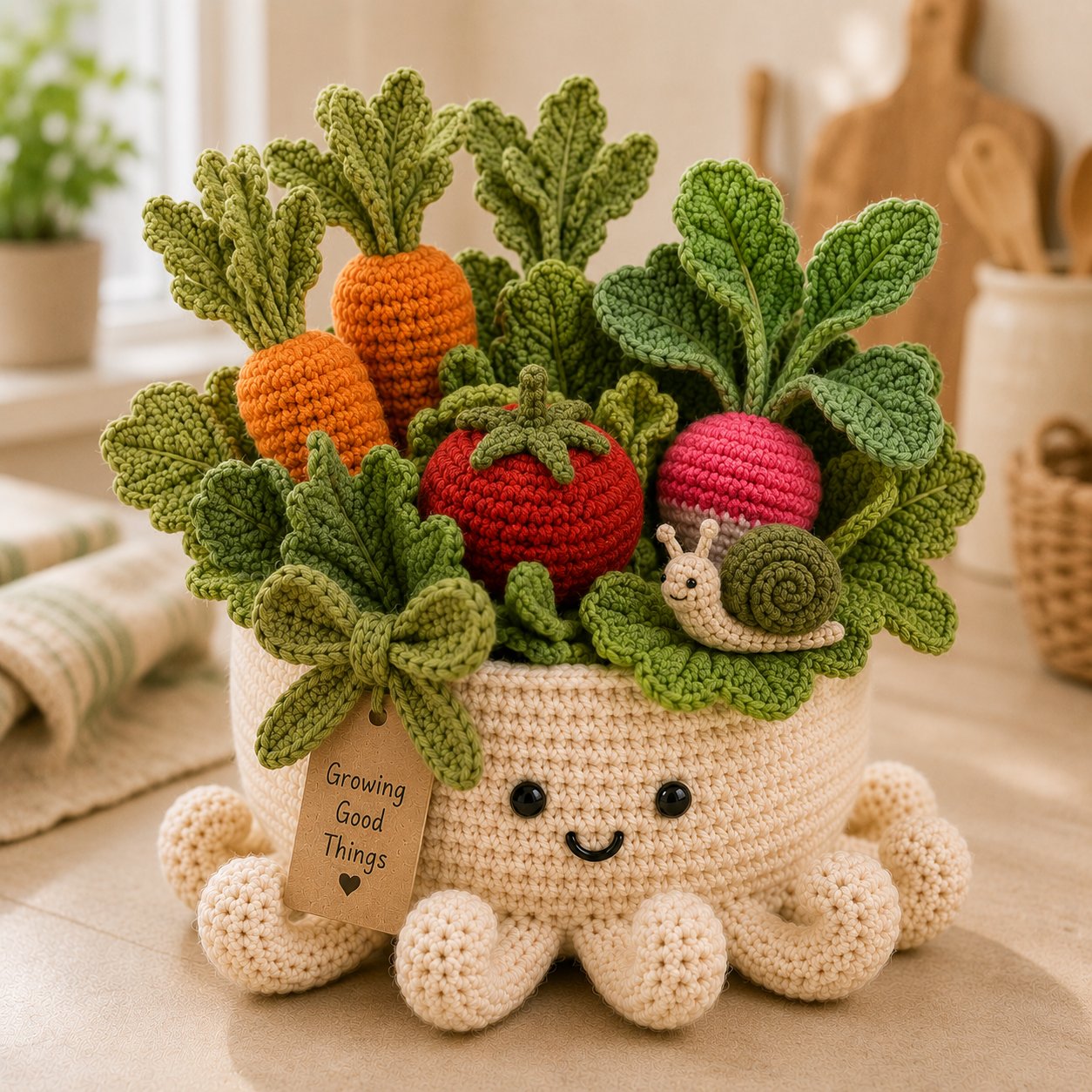 Crochet Vegetable Garden & Snail in Smiling Octopus Pot