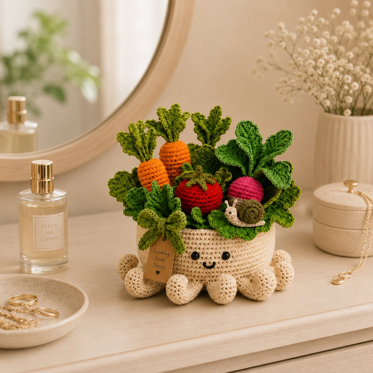 Crochet Vegetable Garden & Snail in Smiling Octopus Pot
