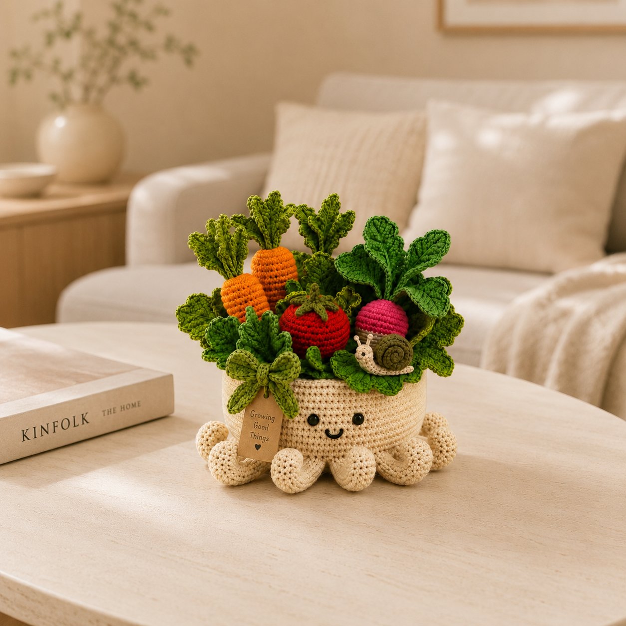 Crochet Vegetable Garden & Snail in Smiling Octopus Pot