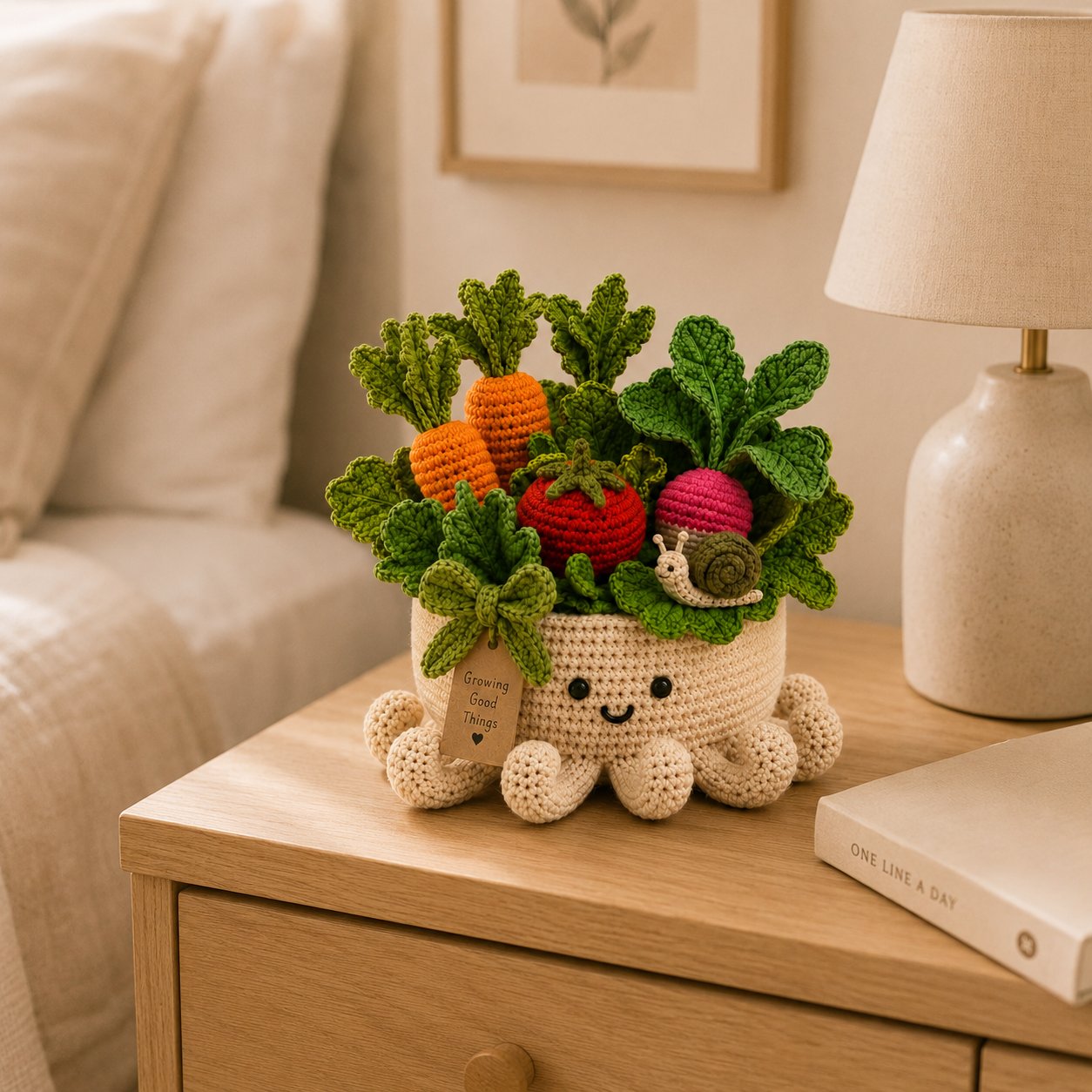 Crochet Vegetable Garden & Snail in Smiling Octopus Pot