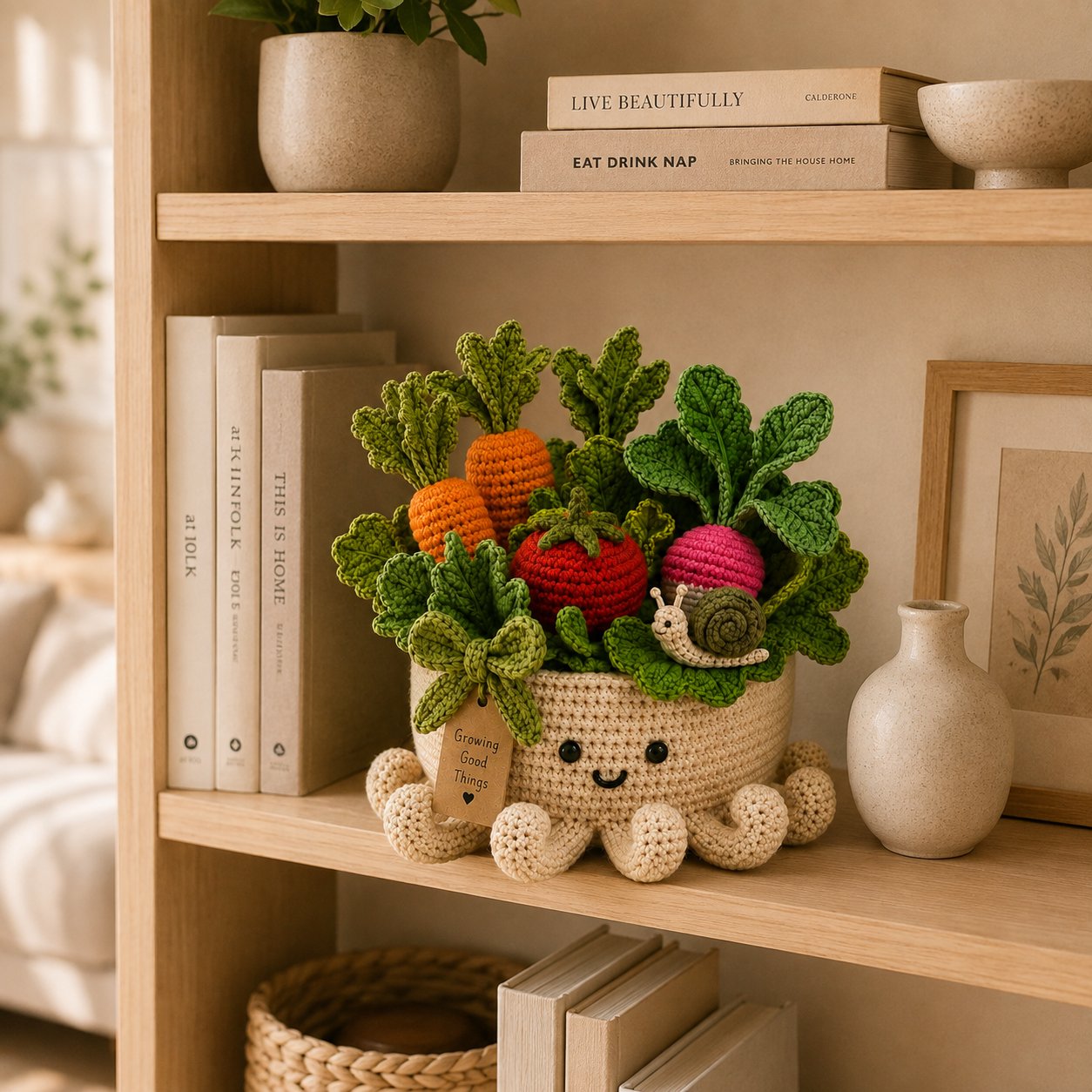 Crochet Vegetable Garden & Snail in Smiling Octopus Pot