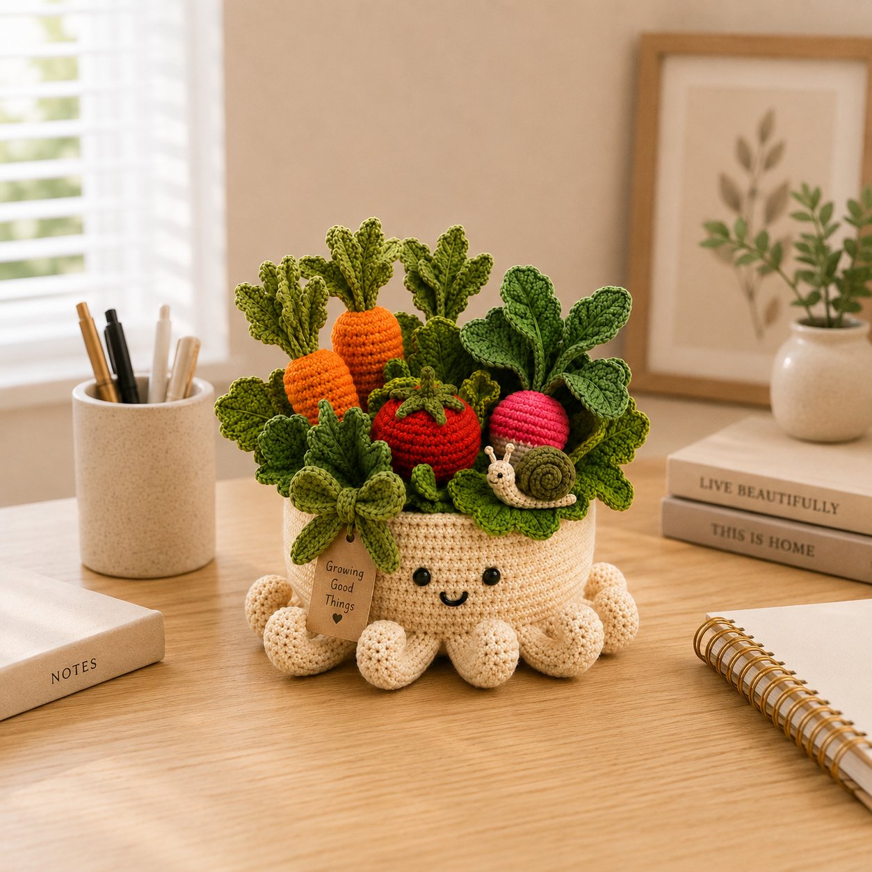 Crochet Vegetable Garden & Snail in Smiling Octopus Pot