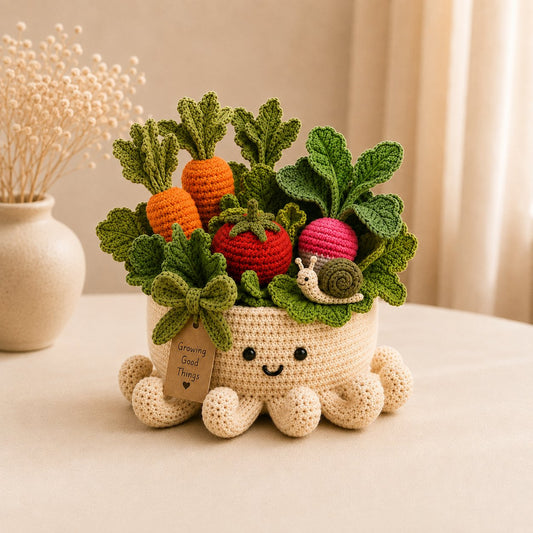 Crochet Vegetable Garden & Snail in Smiling Octopus Pot