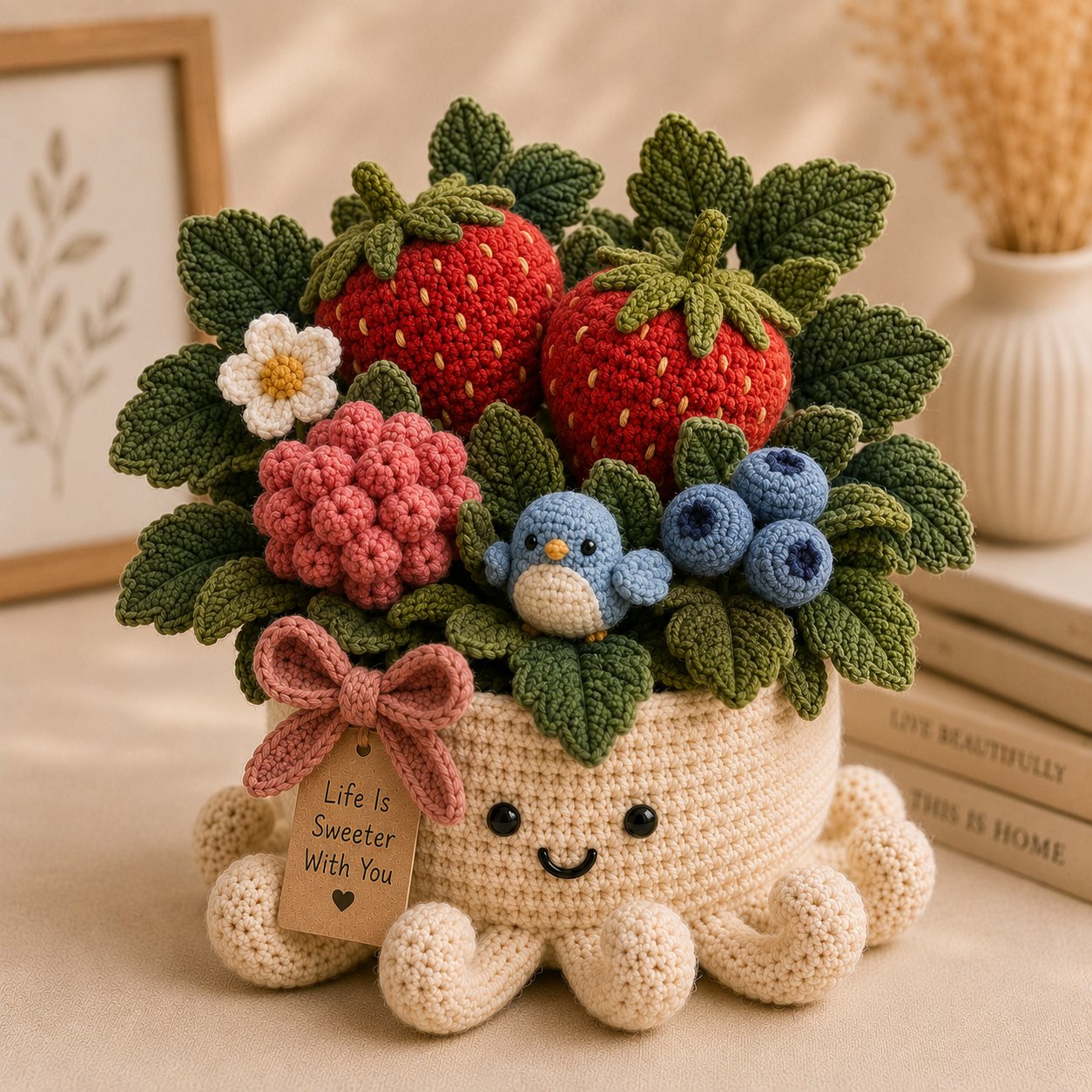 Crochet Strawberry, Raspberry & Blueberry Garden in Smiling Octopus Pot