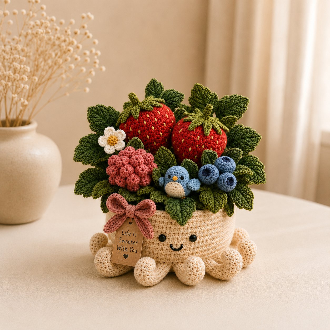 Crochet Strawberry, Raspberry & Blueberry Garden in Smiling Octopus Pot