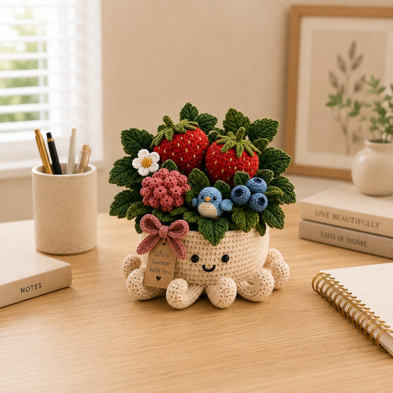 Crochet Strawberry, Raspberry & Blueberry Garden in Smiling Octopus Pot
