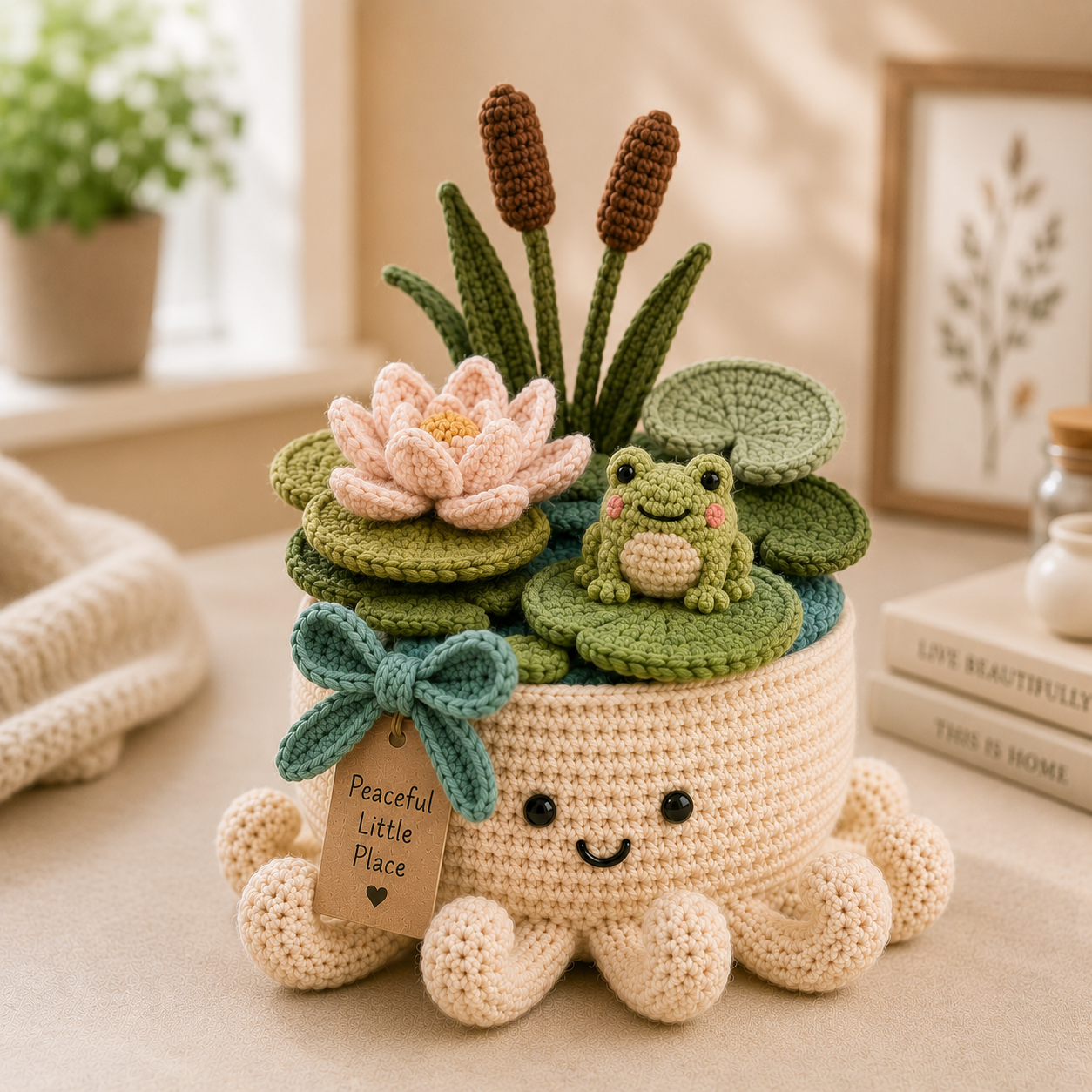 Crochet Frog Pond, Water Lily & Cattail Garden in Smiling Octopus Pot