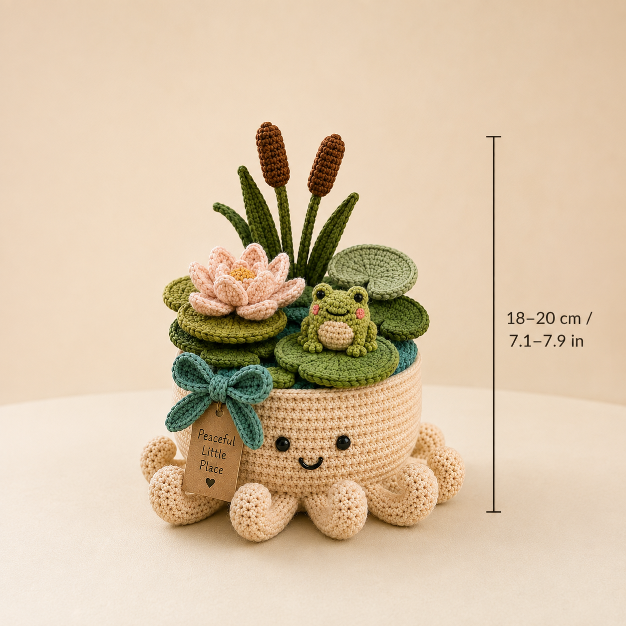 Crochet Frog Pond, Water Lily & Cattail Garden in Smiling Octopus Pot