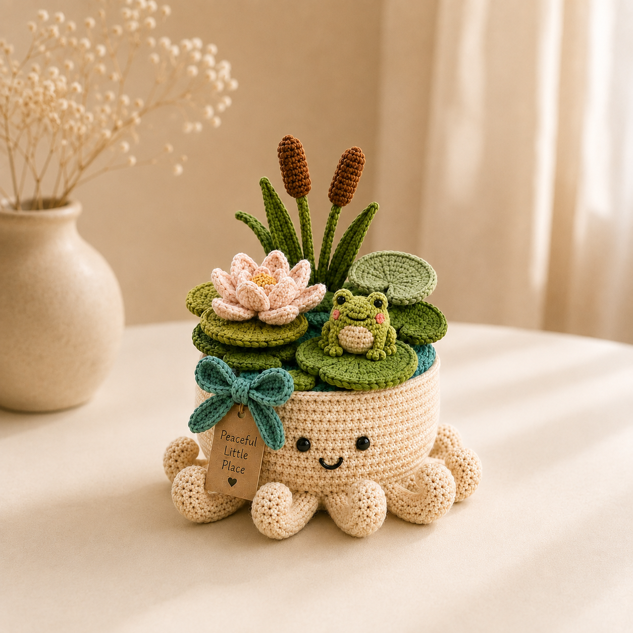 Crochet Frog Pond, Water Lily & Cattail Garden in Smiling Octopus Pot