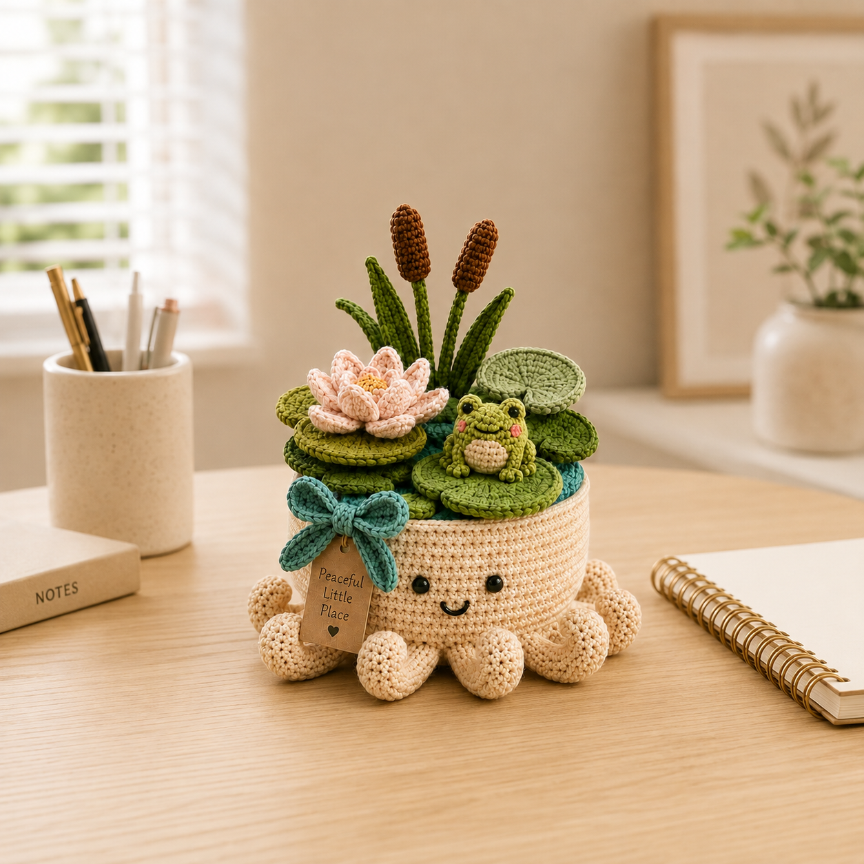 Crochet Frog Pond, Water Lily & Cattail Garden in Smiling Octopus Pot