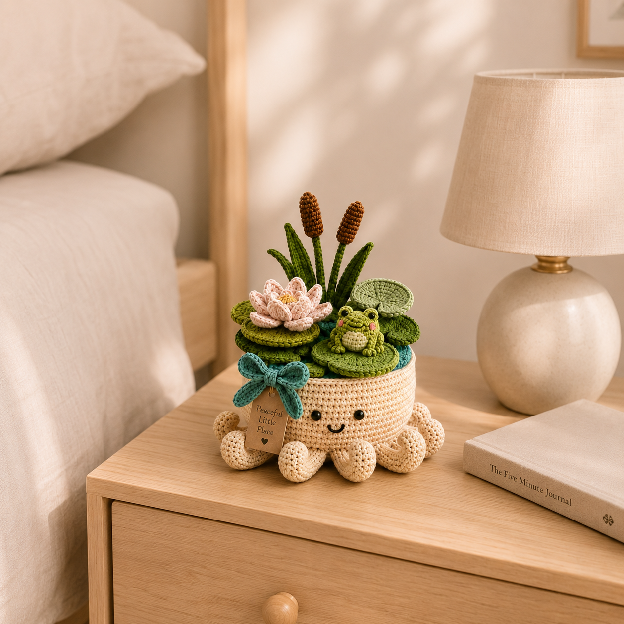 Crochet Frog Pond, Water Lily & Cattail Garden in Smiling Octopus Pot