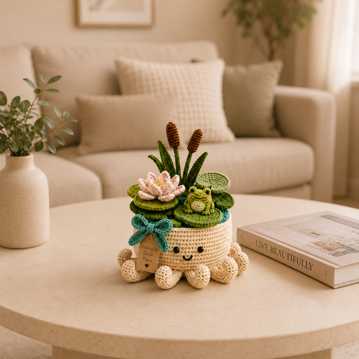 Crochet Frog Pond, Water Lily & Cattail Garden in Smiling Octopus Pot
