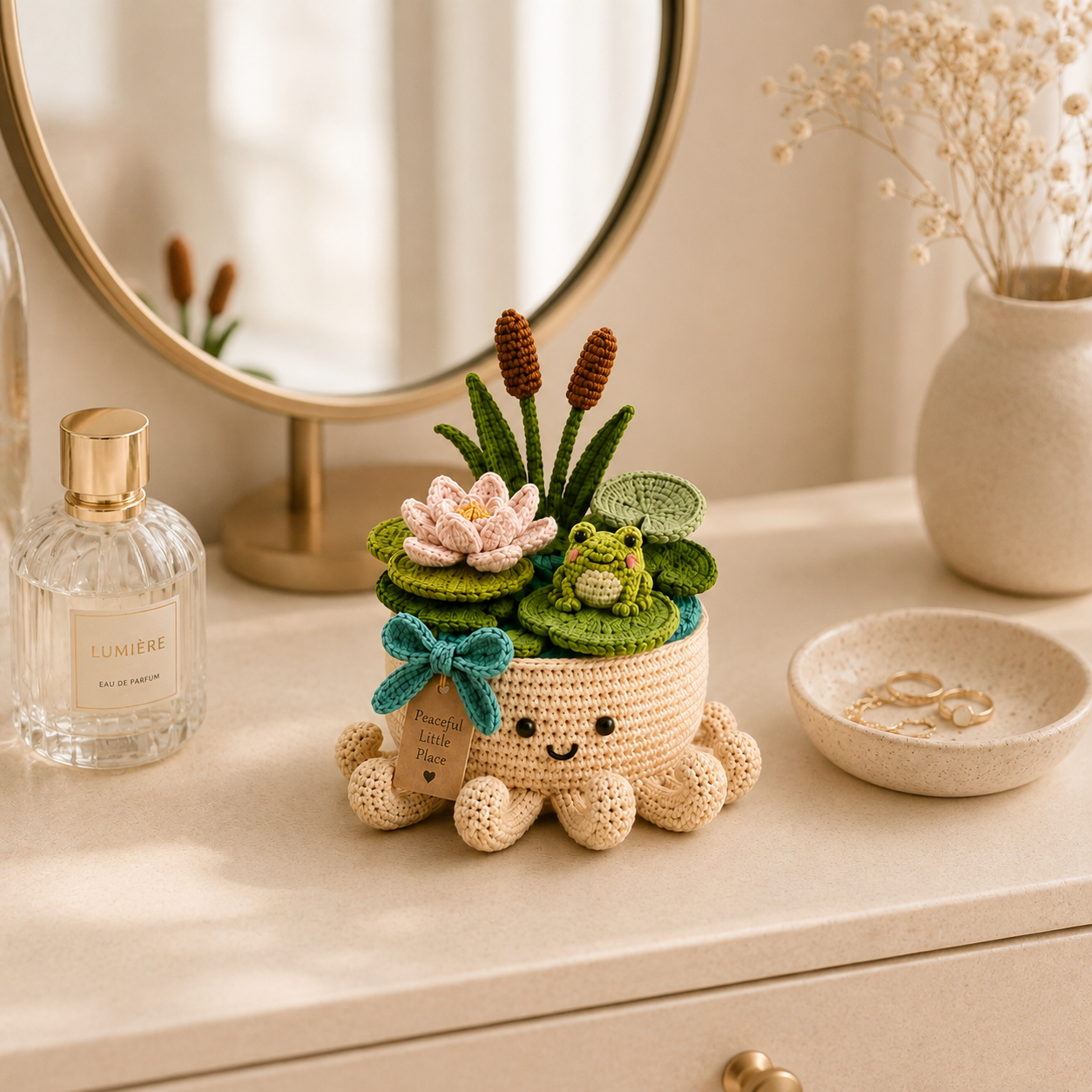 Crochet Frog Pond, Water Lily & Cattail Garden in Smiling Octopus Pot