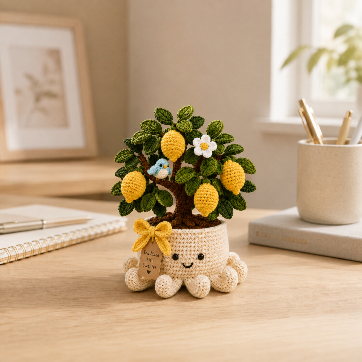 Crochet Lemon Tree & Blue Bird in Smiling Octopus Pot