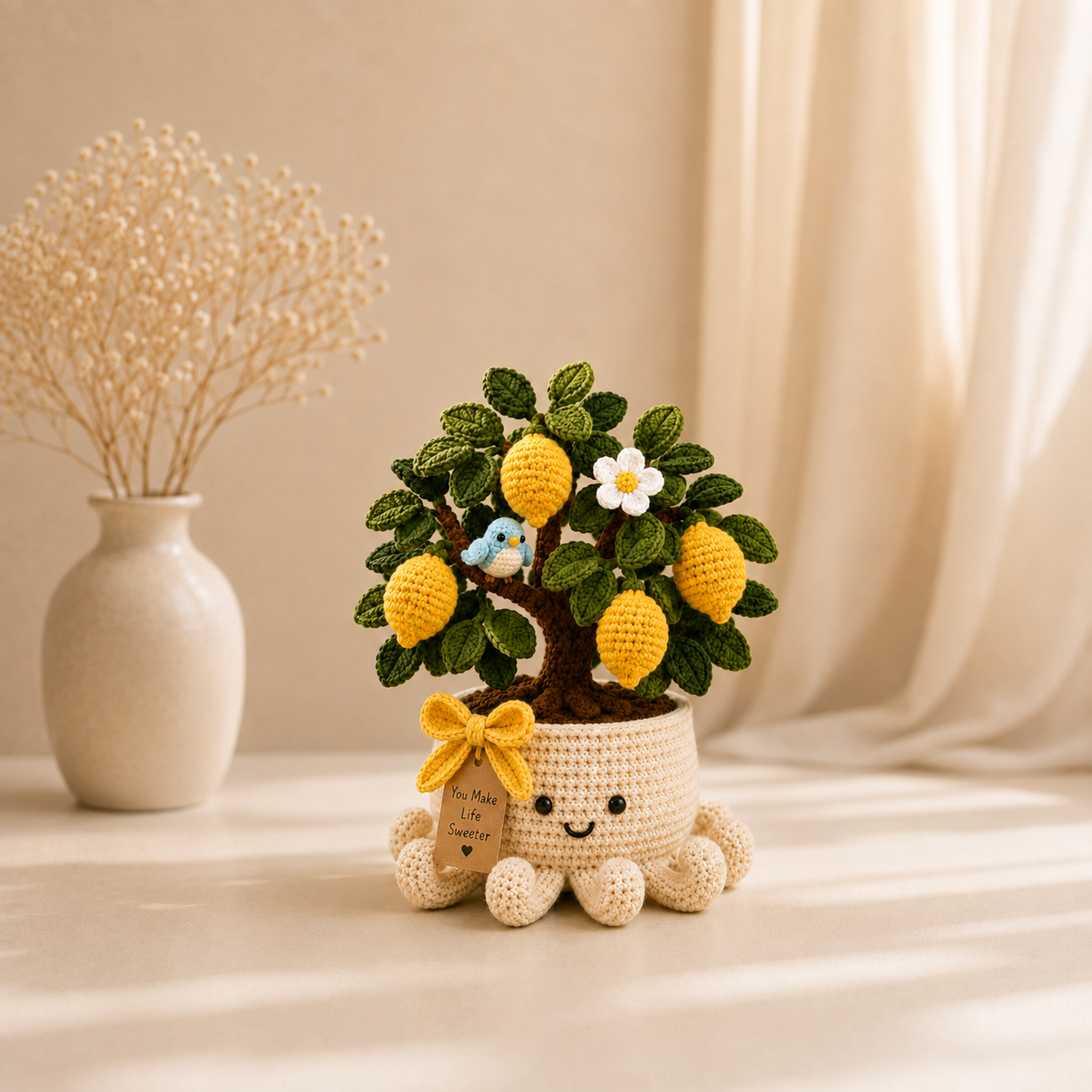 Crochet Lemon Tree & Blue Bird in Smiling Octopus Pot