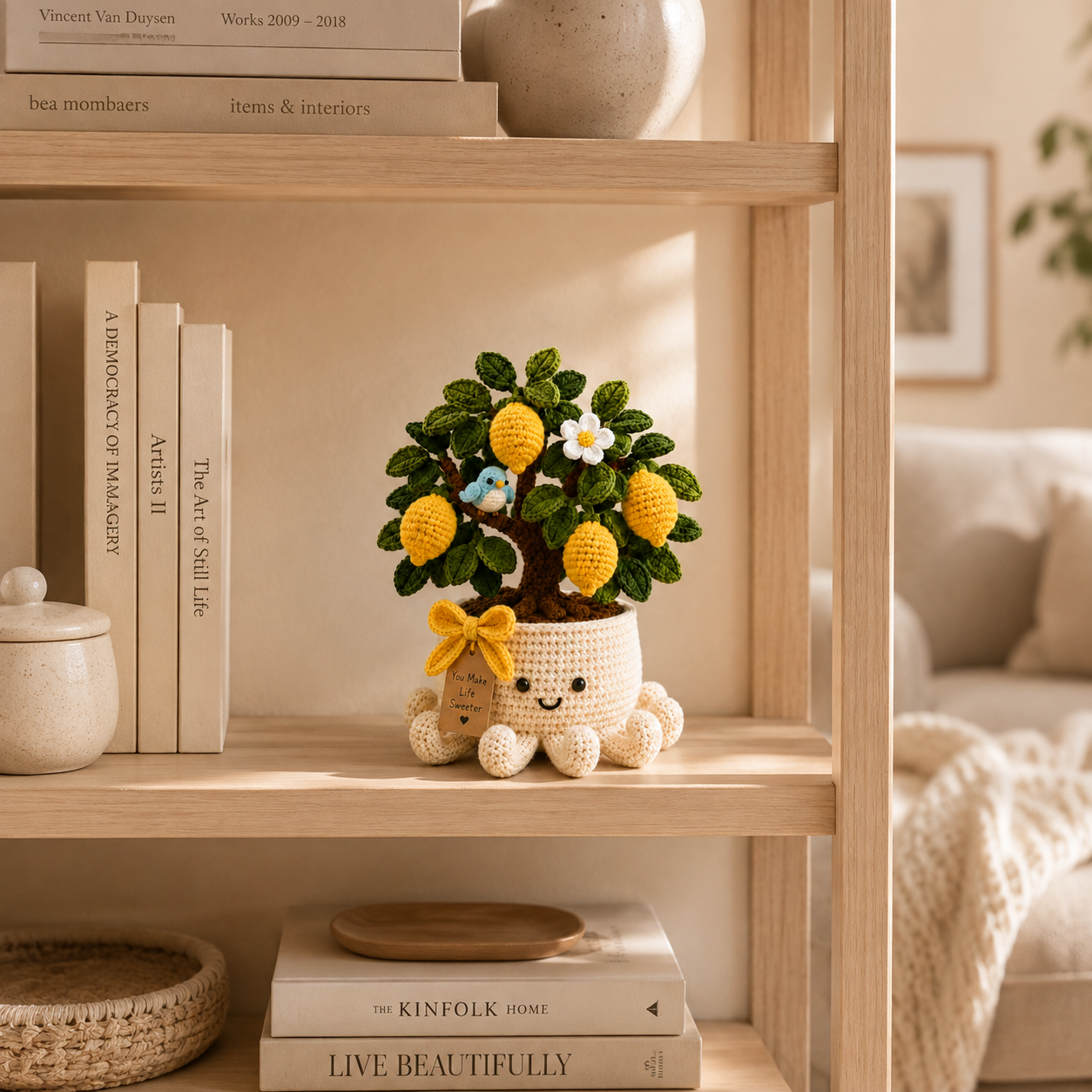 Crochet Lemon Tree & Blue Bird in Smiling Octopus Pot