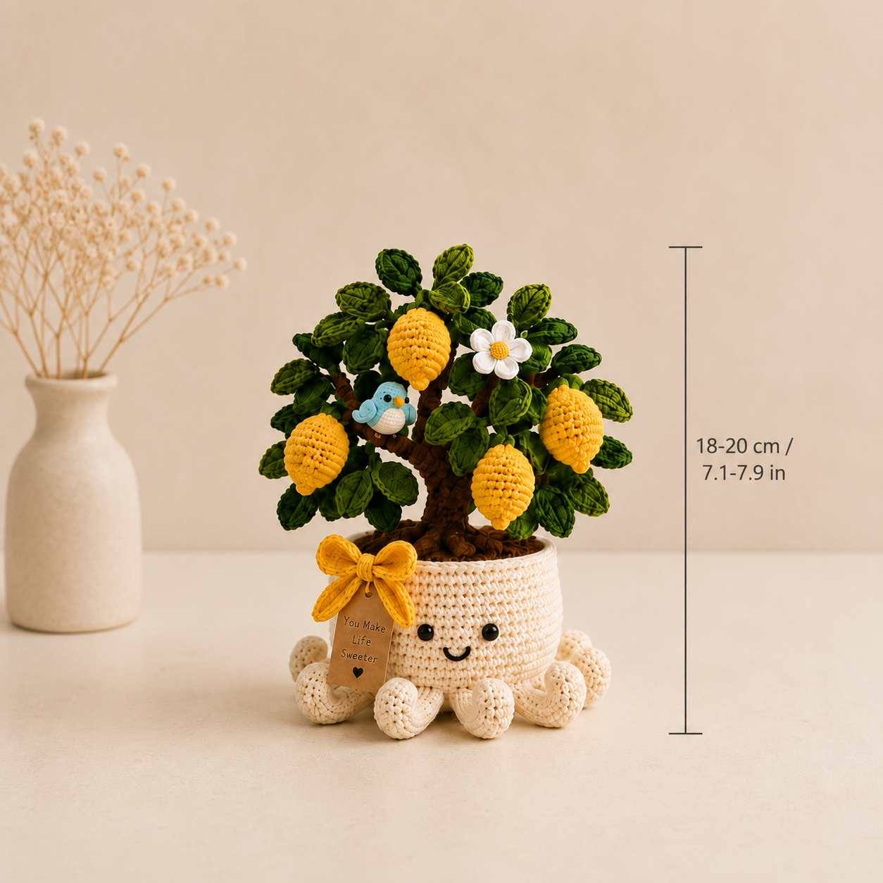 Crochet Lemon Tree & Blue Bird in Smiling Octopus Pot
