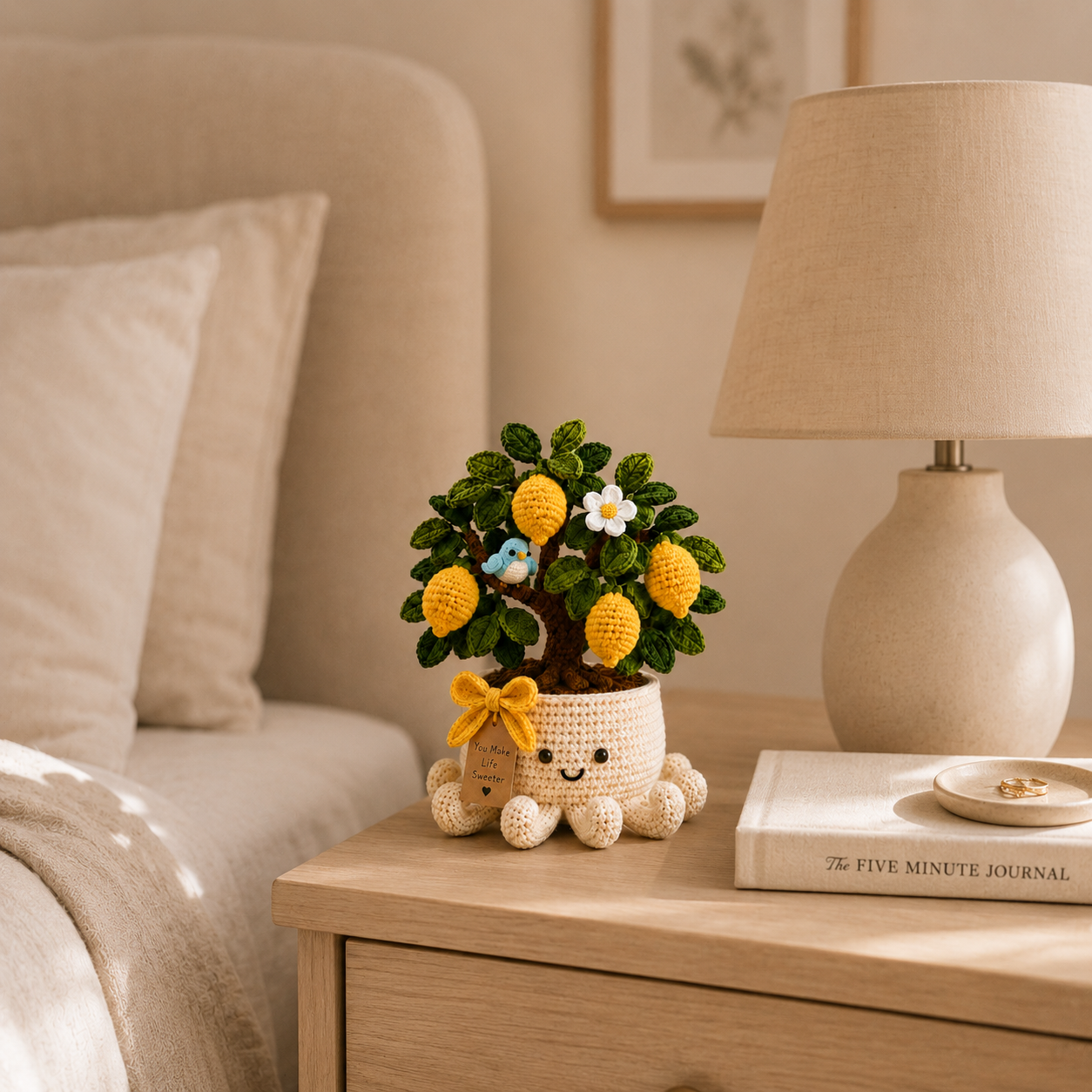 Crochet Lemon Tree & Blue Bird in Smiling Octopus Pot
