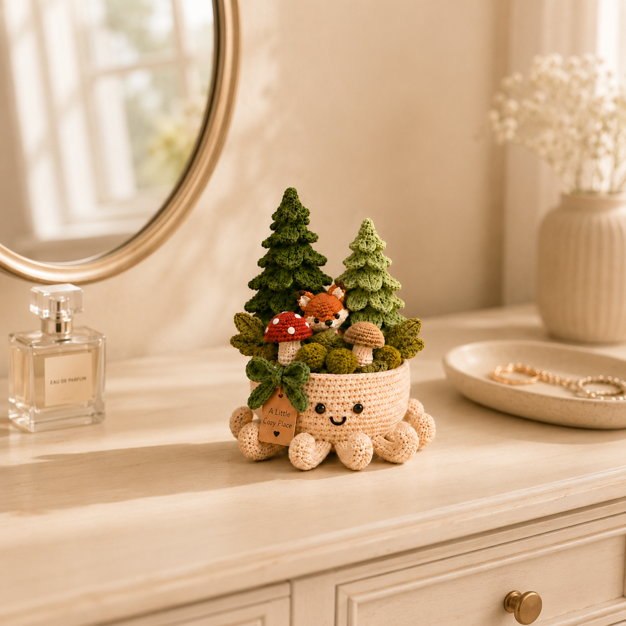 Crochet Fox, Mushroom & Pine Forest in Smiling Octopus Pot