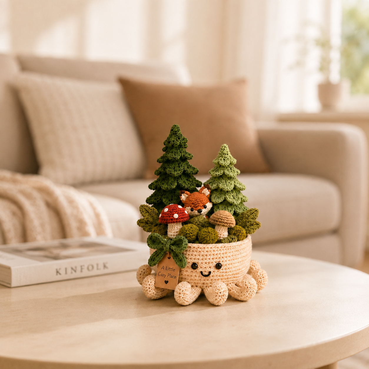 Crochet Fox, Mushroom & Pine Forest in Smiling Octopus Pot