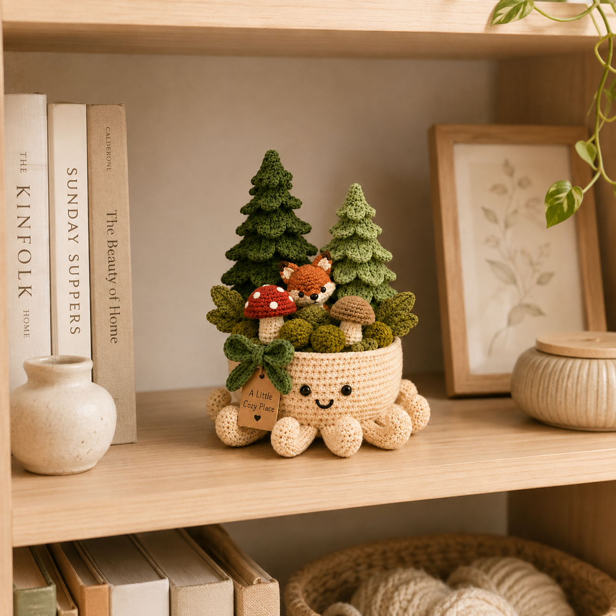 Crochet Fox, Mushroom & Pine Forest in Smiling Octopus Pot