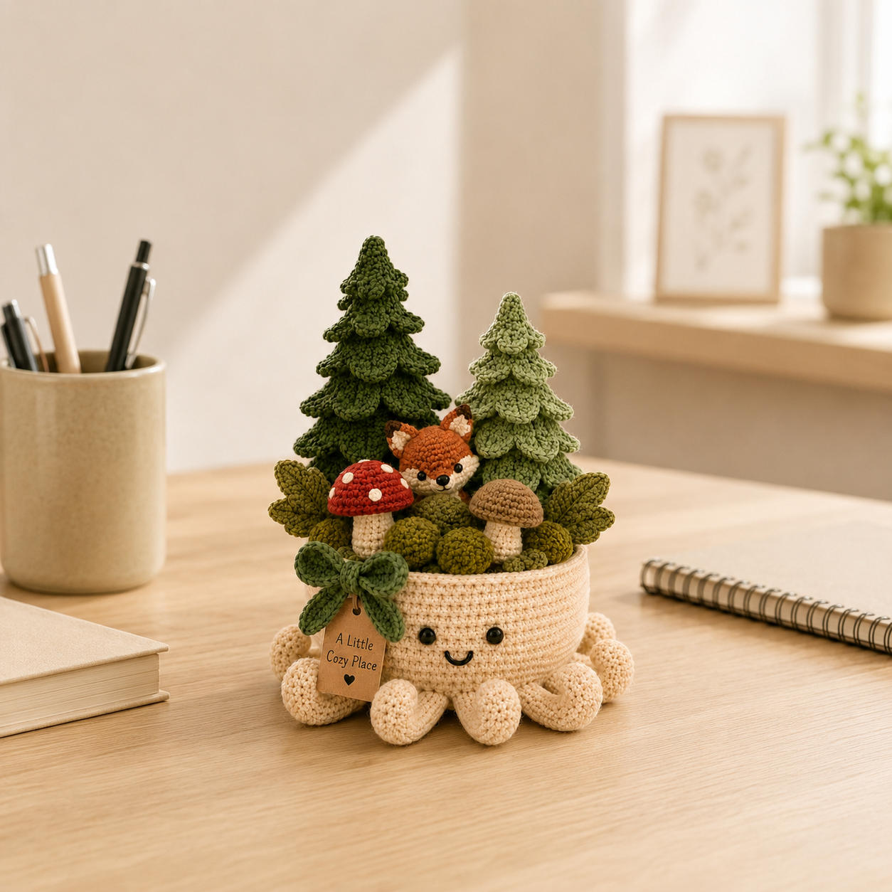 Crochet Fox, Mushroom & Pine Forest in Smiling Octopus Pot