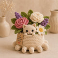 Cute Cat in Crochet Flower Pot – Handmade Rose & Daisy Floral Decor, Cat Lover Gift & Desk Decoration