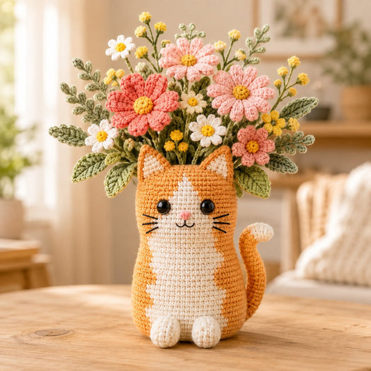 Orange Cat Crochet Flower Pot – Handmade Floral Cat Desk Decor & Gift