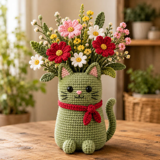 Green Cat Crochet Flower Pot – Handmade Floral Cat Decor, Cute Cat Lover Gift & Desk Decoration