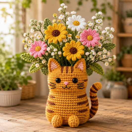 Orange Tabby Cat Crochet Flower Pot – Handmade Sunflower Cat Decor, Cute Cat Lover Gift & Floral Desk Decoration