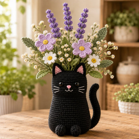 Black Cat Crochet Flower Pot – Handmade Lavender Floral Cat Decor, Cute Cat Lover Gift & Desk Decoration