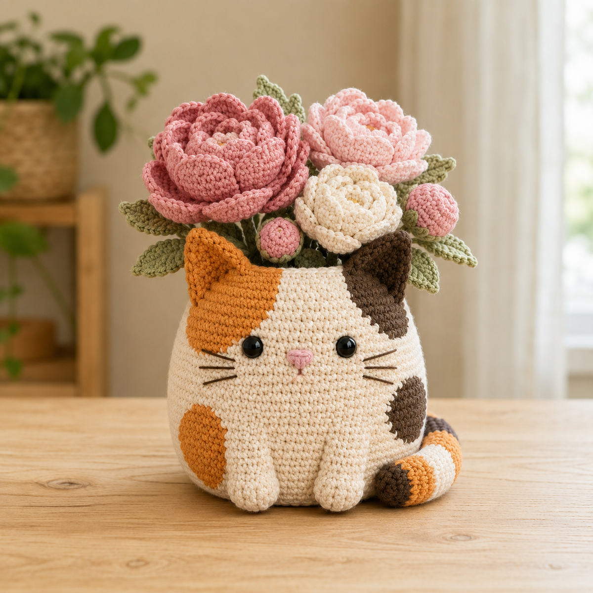 Calico Cat Crochet Flower Planter with Pink Peonies – Handmade Cat Lover Gift