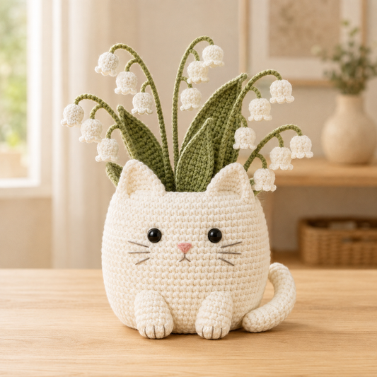 White Cat Crochet Flower Planter with Lily of the Valley – Handmade Floral Cat Gift