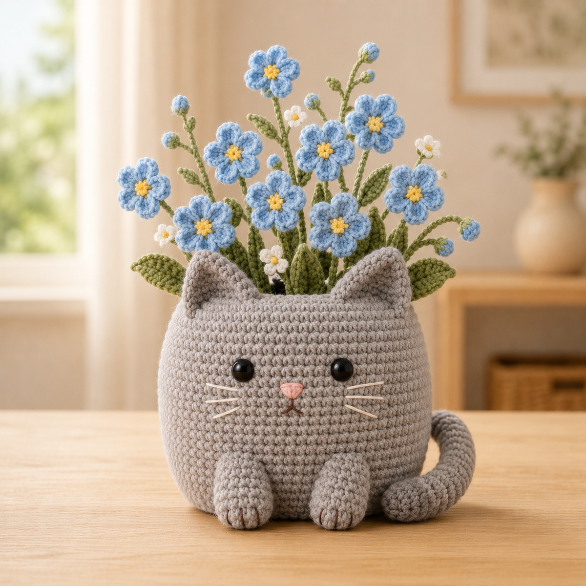 Gray Cat Crochet Flower Planter with Blue Forget-Me-Nots – Handmade Cat Lover Gift