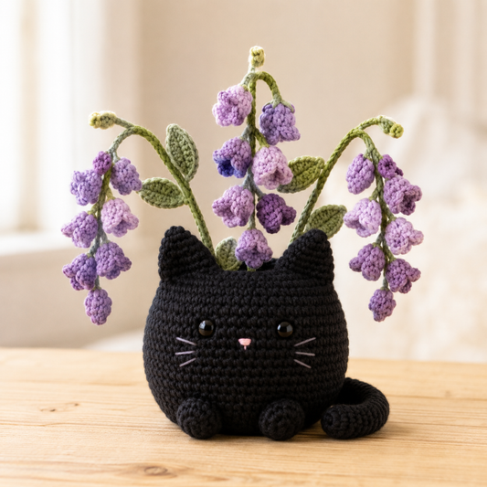 Black Cat Crochet Flower Planter with Purple Wisteria – Handmade Cat Lover Gift