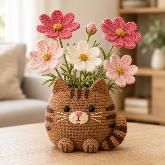 Brown Tabby Cat Crochet Flower Planter with Pink Cosmos – Handmade Floral Cat Gift