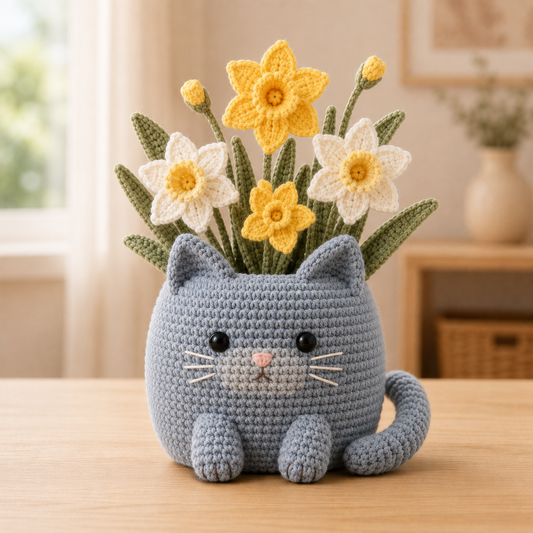 Blue Gray Cat Crochet Flower Planter with Daffodils – Handmade Spring Cat Lover Gift