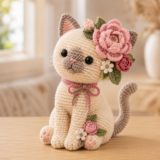 Cream Cat Crochet Doll with Pink Rose Garden – Handmade Floral Cat Decor & Gift