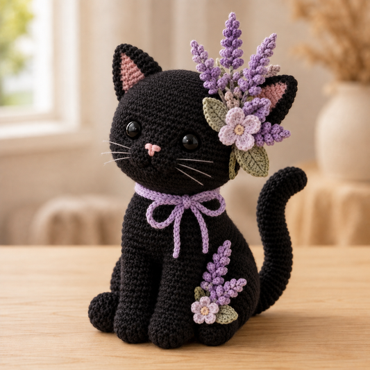 Black Cat Crochet Doll with Lavender Flowers – Handmade Floral Cat Decor & Cat Lover Gift